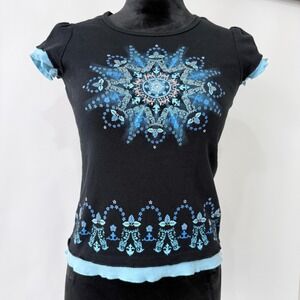 Y2K Fairy Grunge Goth Mandala Baby Tee Size XS/S? Black Blue Contrast Trim